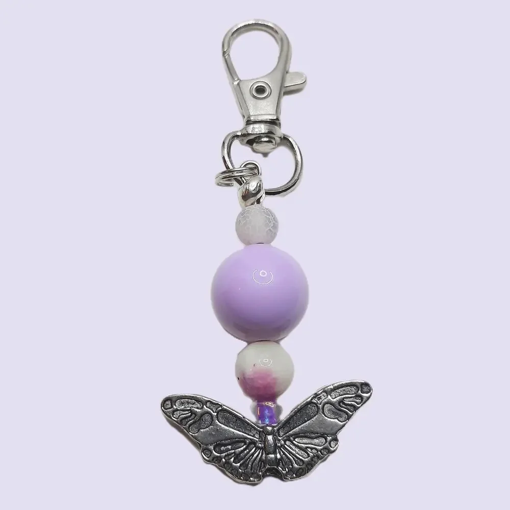 Handmade Beaded Butterfly Bag Charm Tibetan Silver Light Purple Keychain NEW
